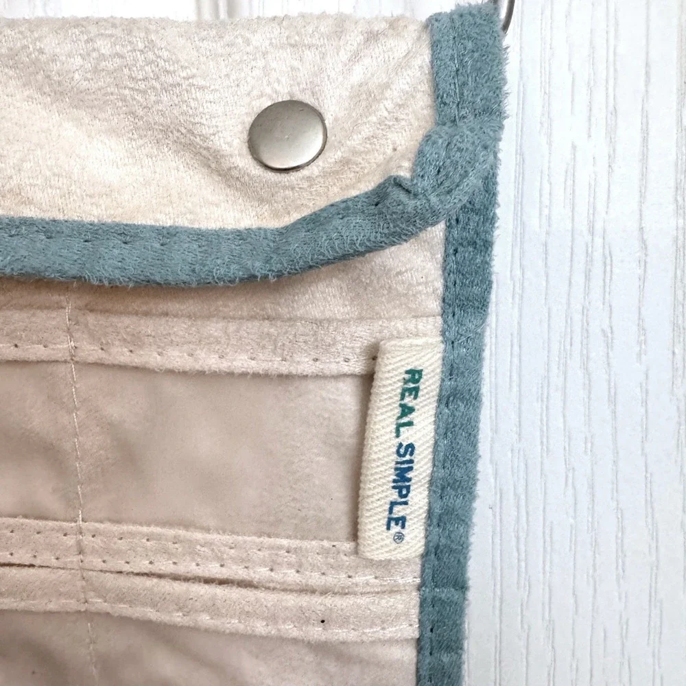 Real Simple Hanging Jewelry Organizer Double Sided Cream Teal Trim Wall Closet